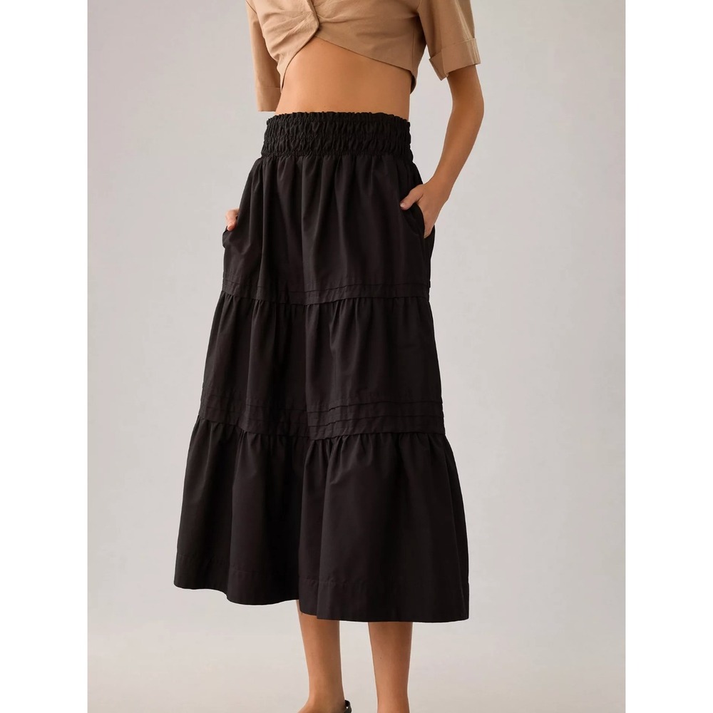 Anthropologie Somerset Black Tiered Maxi Skirt Medium Crisp Cotton Voluminous